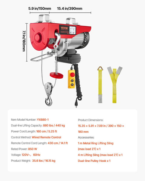 Beefed Up 880 Lb Electric Hoist With 110V Power Remote Control Winch for Overhead Lifts in Factories and Warehouses