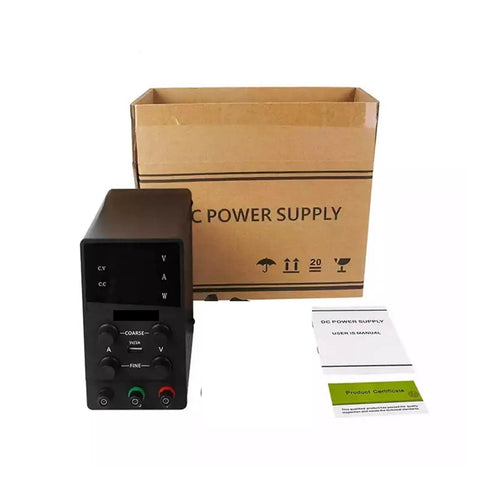 USB DC Lab Power Supply 0 to 60V 0 to 10A Adjustable Bench Source With Slick LCD Display Stabilized Switching Regulator Low Ripple Short Circuit Protection High Precision Voltage And Current Compact DIY Electronics Bench Tool, black unit with box and manual