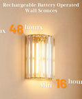 Set Of Two Gold Crystal Wireless Wall Sconces With Smooth Remote Control Rechargeable Cordless Lighting Featuring 12 RGB Colors And 3 CCT White Adjustable Dimming Options For Bedroom Living Room Total Glow Up No Sweat Install showing battery operated time details.