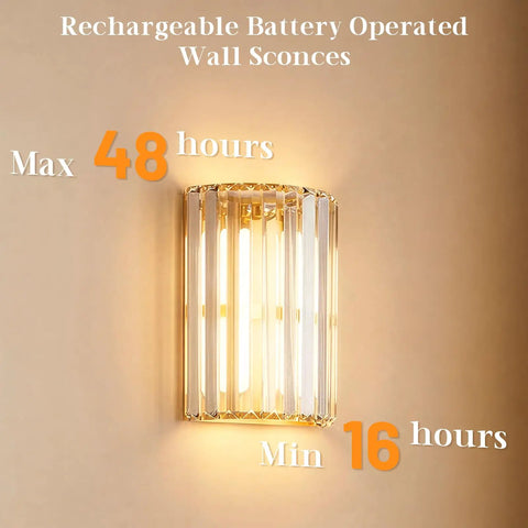 Set Of Two Gold Crystal Wireless Wall Sconces With Smooth Remote Control Rechargeable Cordless Lighting Featuring 12 RGB Colors And 3 CCT White Adjustable Dimming Options For Bedroom Living Room Total Glow Up No Sweat Install showing battery operated time details.