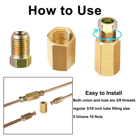 Brake Line Fitting Kit For 3/16 Inch Tube Inverted Flare Unions, 10 Brass Fittings, 3/8-24 UNF Threads installation diagram
