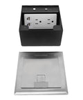 Heavy Duty Recessed Floor Outlet Kit With Bulletproof Stainless Steel Safety Cover And Tamper Resistant Doors For No Sweat Setup Plus Two Standard Power Outlets And Dual Ethernet Data Ports For Job Site Or Living Room, showing black housing and stainless steel cover.