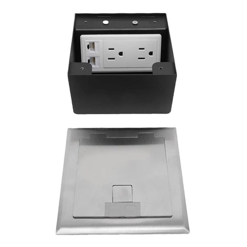 Heavy Duty Recessed Floor Outlet Kit With Bulletproof Stainless Steel Safety Cover And Tamper Resistant Doors For No Sweat Setup Plus Two Standard Power Outlets And Dual Ethernet Data Ports For Job Site Or Living Room, showing black housing and stainless steel cover.
