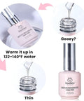 HEMA Free Builder Gel Set With No Wipe Top Coat And Base Coat For Nails showing application process and bottle design