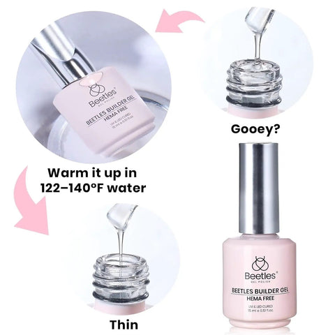 HEMA Free Builder Gel Set With No Wipe Top Coat And Base Coat For Nails showing application process and bottle design