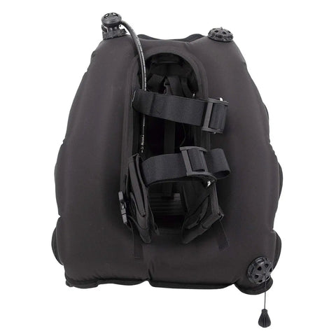 Back view of Crux Modular Scuba Diving BCD With 40 Lb Lift Black XLarge Micro Adjust Retention System For Custom Fit.