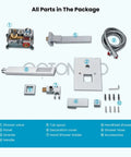 All parts included for Wall Mounted Bathtub Faucet With Handheld Sprayer And Waterfall Spout Tub Shower Set, labeled.