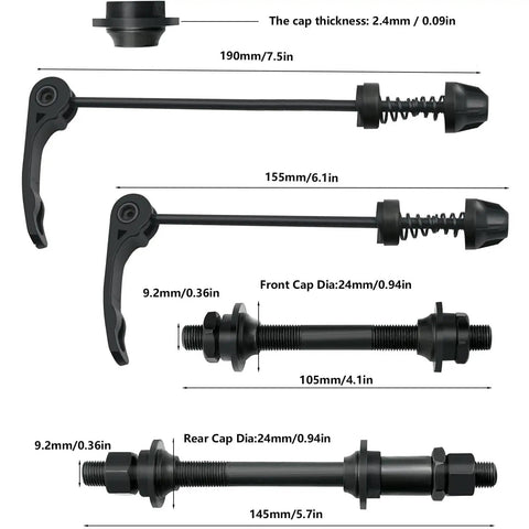 Ride Ready MTB Quick Release Bicycle Hub Set Front And Rear Axles With Hollow Shafts Iron Build Dimensions Diagram