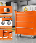 Heavy Duty Steel Rolling Tool Chest Bad Boy With Lockable Caster Wheels And Slick Ball Bearing Drawers Hella Tough Portable Storage Cabinet For Garage Workshop In Bright Orange featuring safety lock, smooth sliding drawers, and swivel casters.