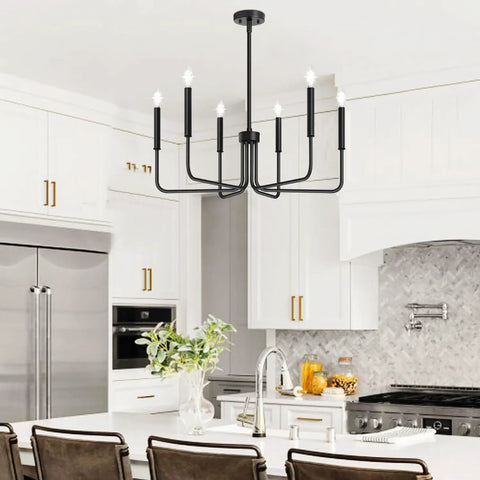 Six Light Farmhouse Industrial Chandelier With Matte Black Finish installed in modern kitchen