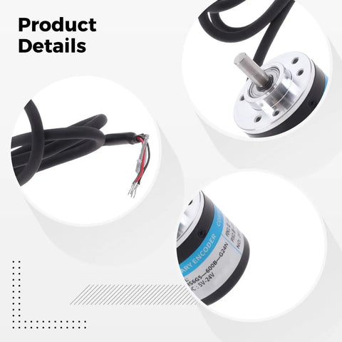 Incremental Optical Rotary Encoder With Solid Shaft For Precise Motion Feedback 5 To 24V DC 600 P R 0.24 In 6 Mm Shaft 1.5 In Body 4.9 Ft Cable Pro Grade High Precision Position Sensing For CNC Robotics with shaft, cable, and label