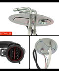 Top Shelf Electric Fuel Pump Module Assembly For Ford Excursion 2000 To 2005 With V10 6.8L And V8 5.4L Engine California Only Specs showing dual fuel lines and connector.