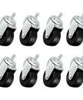 Heavy Duty Black Rubber Swivel Twin Wheel Casters With Threaded Stem Zero Grind furniture rollers pack of 8 for cabinets and carts.