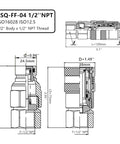 1/2'' NPT flat-face hydraulic quick-connect coupling set; side and cross-section views with dust caps ISO12.5
