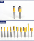 Trim and straight bits from Router Bit Set Twenty Five Pieces One Quarter Inch European Edition Kit displayed on white background