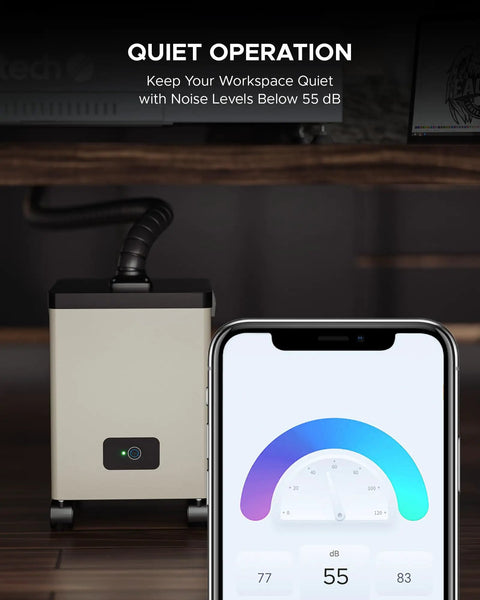 Smooth Rolling Heavy Duty Fume Extractor With Three Stage Air Filter And Killer Eighty Watt Motor For Laser Cutters Engravers showing quiet operation with noise level under 55 dB.