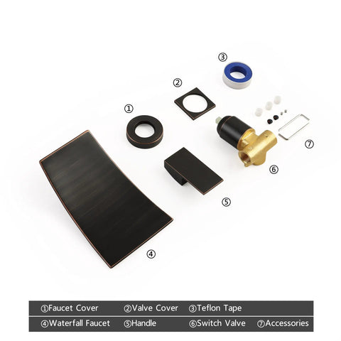 Wall Mount Bathroom Faucet With Dope Waterfall Flow For Vessel Sink Single Handle Modern Tub Filler Rough In Valve In Oil Rubbed Bronze With Sleek Matte Finish showing components labeled with numbers, including faucet cover, valve cover, and accessories.
