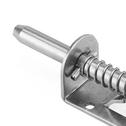 Heavy Duty Stainless Steel Spring Loaded Latch Pin, 5 Inch Barrel Bolt For Cabinets And Trailers, close-up detail view.