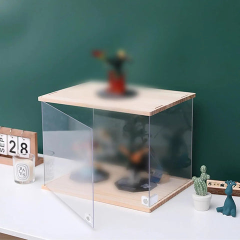 Acrylic display case with 16 Sets L Shaped Magnetic Cabinet Door Catches With Self Adhesive Acrylic Closure. Open door view.