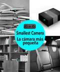 Collage showcasing Ultra Mini WiFi Spy Camera Hidden Nanny Cam in use on books, shelf, box, and car interior.