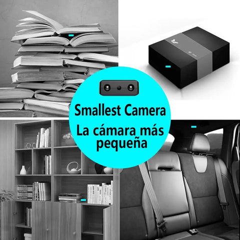Collage showcasing Ultra Mini WiFi Spy Camera Hidden Nanny Cam in use on books, shelf, box, and car interior.