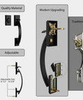 Comparison of modern black front door lock set with deadbolt and reversible handle to traditional lockset with size details