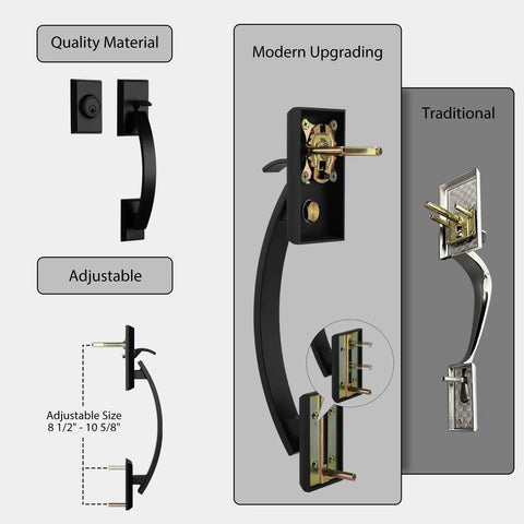 Comparison of modern black front door lock set with deadbolt and reversible handle to traditional lockset with size details
