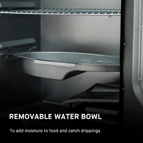 Removable water bowl inside Digital Electric Vertical BBQ Smoker With Patented Side Wood Chip Loader And Chrome Racks 710 Sq In