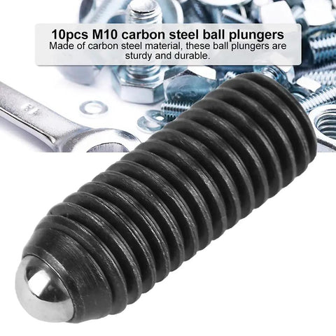 Close-up of Heavy Duty M10 Threaded Ball Plungers 10 Pack Carbon Steel, showcasing sturdy design for industrial applications.