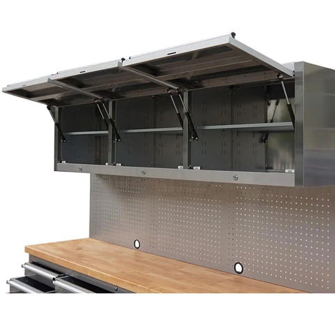 Heavy Duty 72 Inch Rolling Tool Chest With 15 Deep Drawers And Three Top Cabinets, stainless steel top cabinets opened