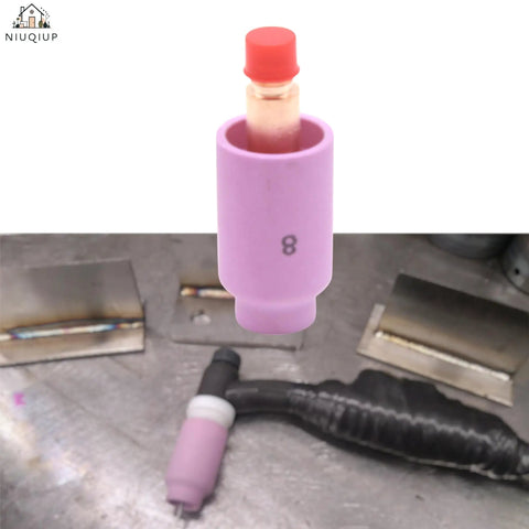 All in One TIG Welding Consumables Kit for WP17 WP18 WP26 Series with nozzle and torch backdrop. Visible alumina nozzle.