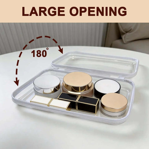 Two Pack Clear Hard Shell Zipper Case Travel Organizer Pouch Hella Tough Protective Plastic Storage Bag with 180° large opening.