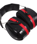 Kick Loud Noise To The Curb With Double Layer Over Ear Earmuffs Designed For Construction Mowing And Shop Jobs Ergonomic Lightweight Band Keeps You Comfy All Day Long Black Trim Rock Solid Hearing Protection Gear, dual layer earmuffs with black and red design.