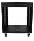 Hella Sturdy 10U Rolling Audio Rack Case For Live Sound And Recording Studio Gear with locking casters and open frame design.