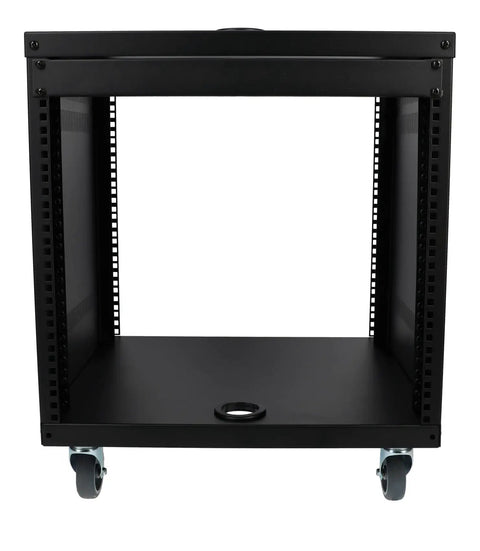 Hella Sturdy 10U Rolling Audio Rack Case For Live Sound And Recording Studio Gear with locking casters and open frame design.