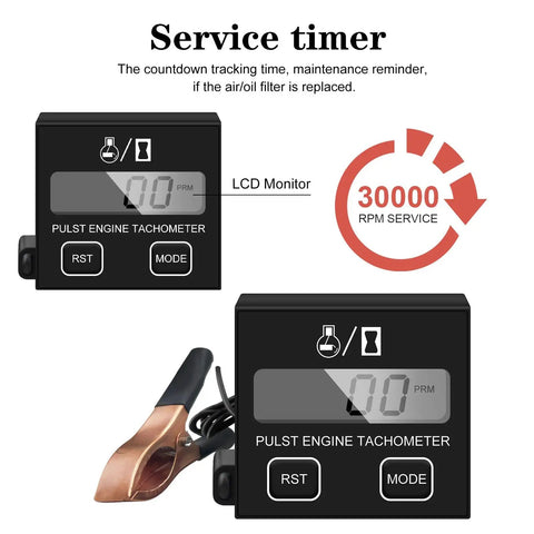 Inductive Digital Tachometer for Engines With Sleep Mode RPM Gauge, LCD display and clip-on spark plug wire shown.