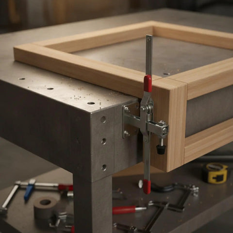 Heavy Duty Stainless Steel Vertical Toggle Clamp Jobsite Tough Side Mount Lever securing wood frame on workbench.