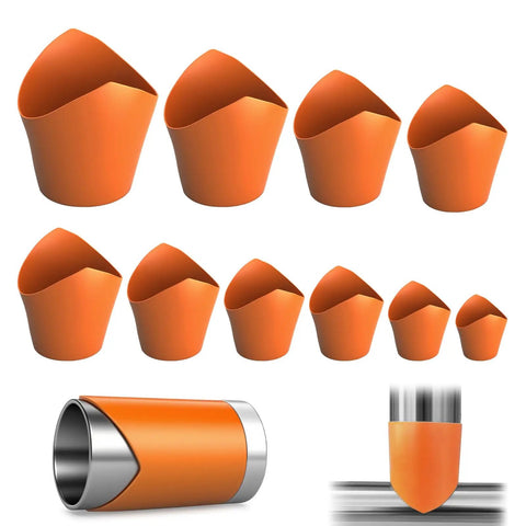 10 Piece Pipe Saddle Template Cutting Guide Set With Precision Wrap Around Pipe Notcher And Insulation Cutting Tool Kit For Accurate Arc Edge Tube Cutter Templates For Welding And Plumbing DN20mm To DN200mm, orange leather guides on display.
