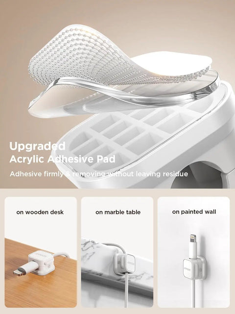 9 Pack Magnetic Cable Clips with acrylic adhesive shown on desk, table, and wall for cable management at home or office.