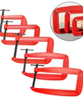 Massive 110mm Jaw G Clamp With Deep Throat For Welding And Woodworking Projects Made From Durable Cast Iron Rust Resistant Orange Finish Heavy Duty C-Clamp For Gluing And Assembly Tasks No Sweat Guarantee displayed in different sizes for comparison.