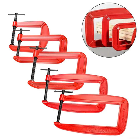 Massive 110mm Jaw G Clamp With Deep Throat For Welding And Woodworking Projects Made From Durable Cast Iron Rust Resistant Orange Finish Heavy Duty C-Clamp For Gluing And Assembly Tasks No Sweat Guarantee displayed in different sizes for comparison.