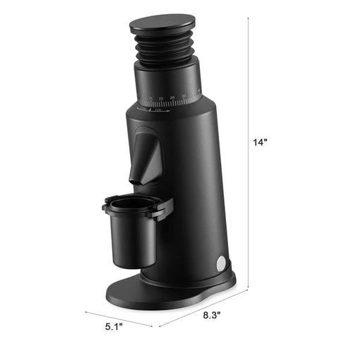 Dope Single Dose Electric Coffee Grinder Featuring 64Mm Titanium Flat Burrs And Stepless Adjustment To Nail Your Flavor Packed Espresso Routine In Sleek Black Finish, side view with measurements.
