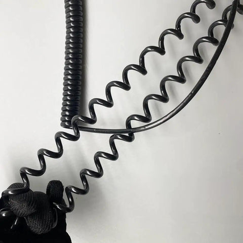 Heavy Duty Coiled Power Extension Cord With Five Core Wiring And Tough Polyurethane Jacket Self Stretching Spring Design Tangle Free Flex Cable close-up of coils and black material.