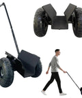 All Terrain Heavy Duty Panel Dolly with 1000 lb capacity, 10 inch solid tire wheels, pulled by a person, side view.