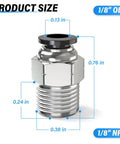 Pro Grade Straight Push To Connect Pneumatic Fitting One Eighth Inch Tube OD To One Eighth Inch NPT Male Thread Pack Of Two Copper And Plastic 145 PSI Rated For Air Lines And Pneumatic Systems, showing size dimensions and design.