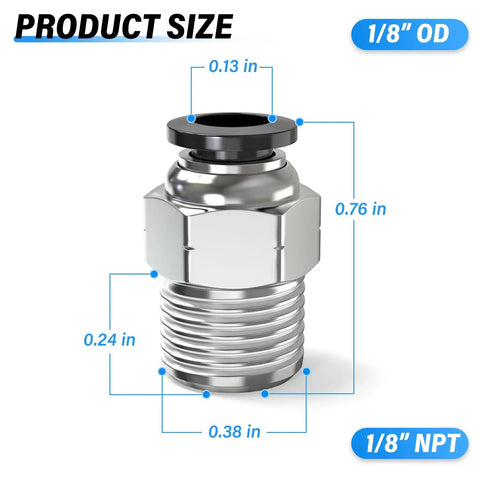 Pro Grade Straight Push To Connect Pneumatic Fitting One Eighth Inch Tube OD To One Eighth Inch NPT Male Thread Pack Of Two Copper And Plastic 145 PSI Rated For Air Lines And Pneumatic Systems, showing size dimensions and design.