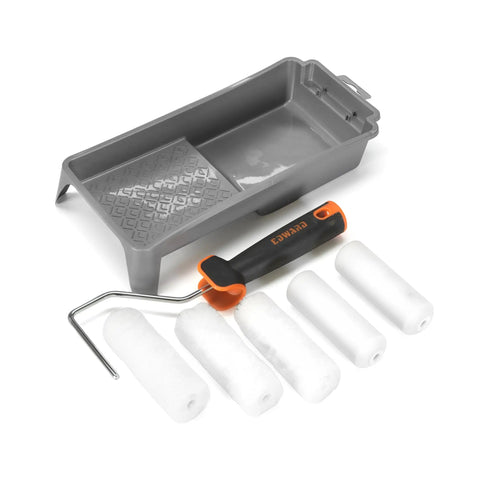 7 Piece 4 Inch Paint Roller Kit With Acrylic Polyester And Foam Covers Deluxe Plastic Tray DIY Friendly Ergo Grip Frame And Rubber Handle