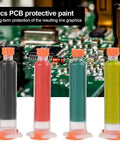 Colorful PCB protective paints with needle tips for detailed solder work, set against a circuit board background.