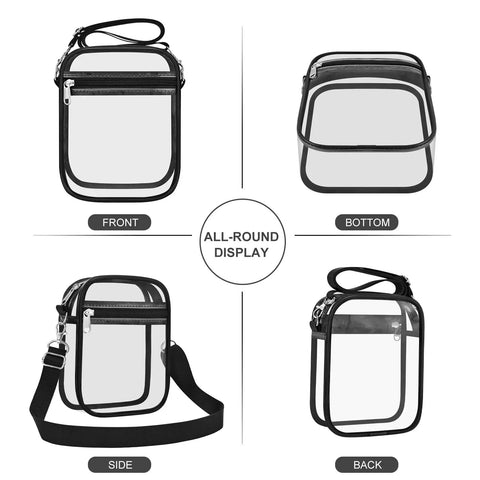 All-round display of a Clear Stadium Purse For Men And Women See Through Crossbody Bag That Meets Arena Policies Hands Free Design Transparent
