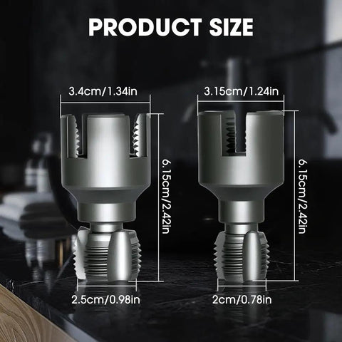 Upgrade 4 in 1 Water Pipe Wrench For Electric Drills size comparison image showing carbon steel thread cutting tool dimensions